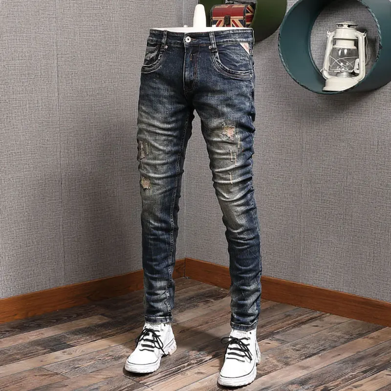 Fashion Trendy Men Jeans Retro Black Blue Elastic Stretch Slim Vintage Ripped Jeans Embroidery Patched Designer Denim Pants Men