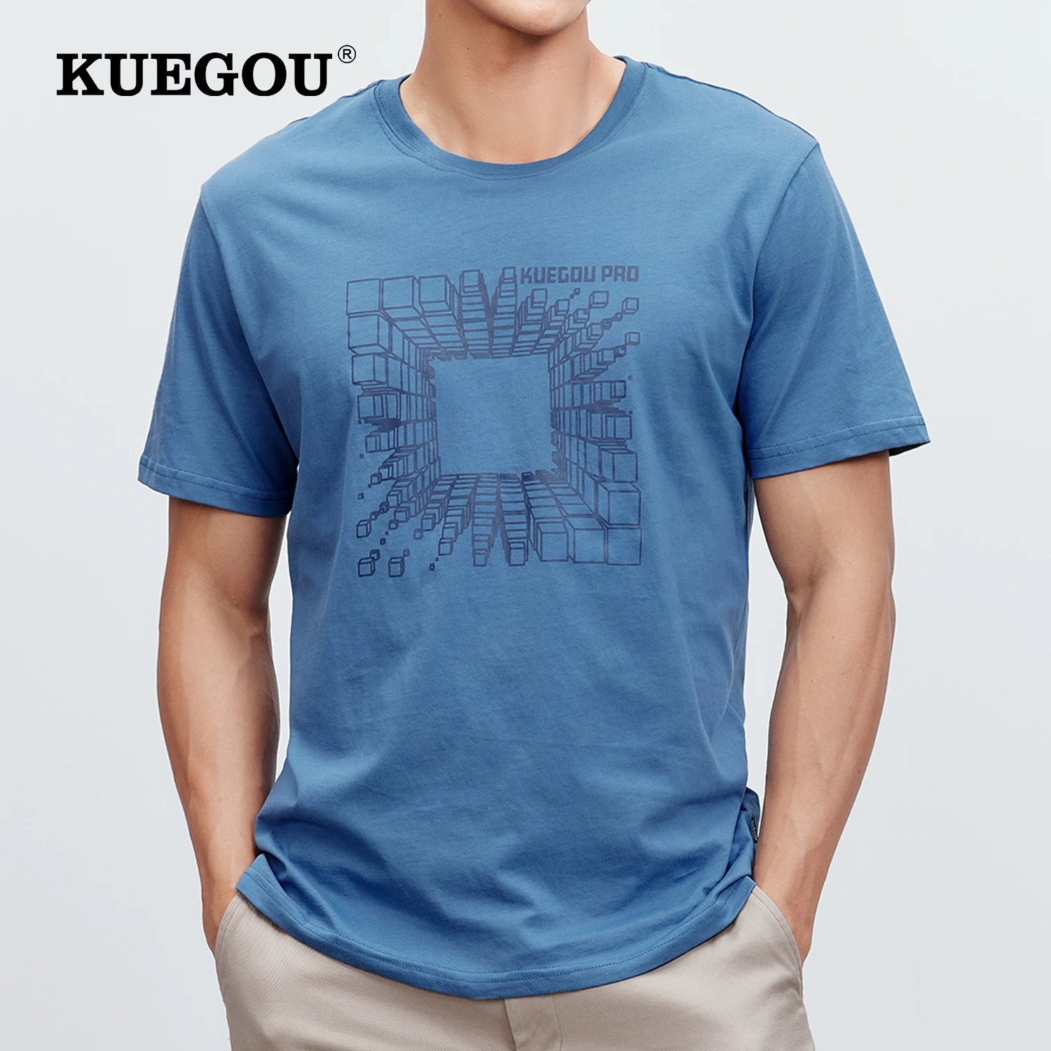 

Мужская хлопковая футболка с коротким рукавом KUEGOU, синяя хлопковая Футболка с геометрическим принтом, лето 2022