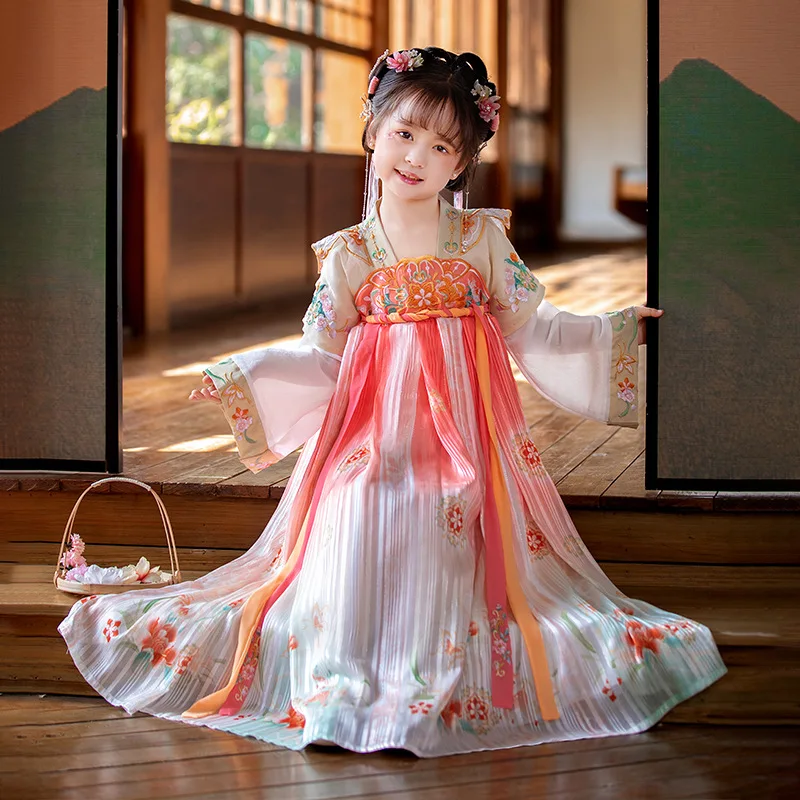

Kids Chinese Traditional Embroider Hanfu Costume Girl Han Dynasty Dress Embroidery Tang Dynasty Princess Folk Dance Clothing