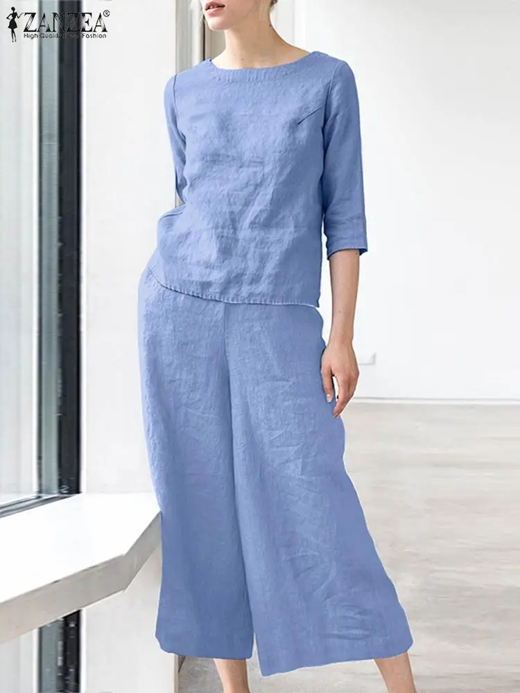 

2022 Spring Women Soild Color Blouse And Elastic Waist Wide Leg Pants Set ZANZEA Oversized Cotton Fashion Tracksuit Two Pieces