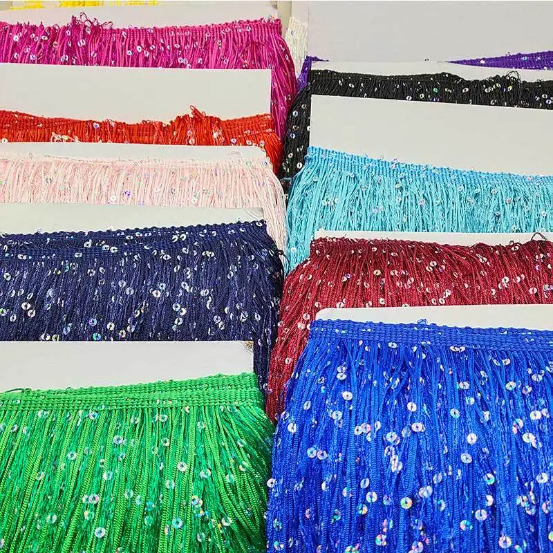 

10 Yards/lot 20cm Fringe Lace Tassel Ribbon Sew Latin Dress Stage Garment Curtain DIY Sewing Accessories Sequins Fringe Trim