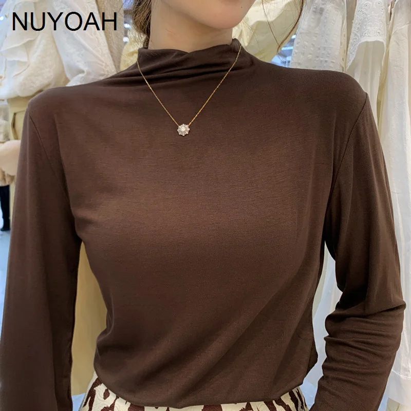 

High Collar Modal Bottoming Shirt Women's Thin Spring and Autumn Inner Wear Long Sleeve T-shirt Pile Collar Black Autumn and.Kio