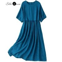 bird blue silk guanle crepe dress with loose shoulder and embossed flowers 100natural mulberry silk large swing womens dress