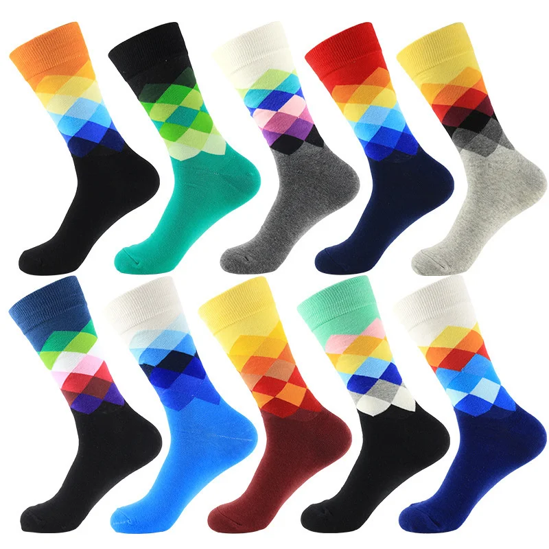 

Peonfly Harajuku Casual Men Cotton Funny Sock Vintage Diamond Plaid Rainbow Meias for Business Dress Socks