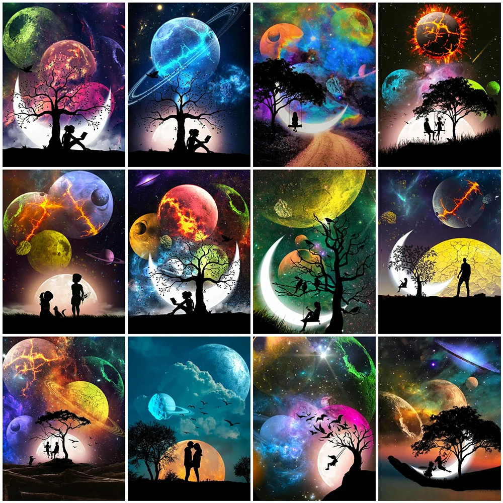 

5D Diamond Painting Universe Cross Stitch Diamond Embroidery Moon Landscape Rhinestone Picture Couples Cross Stitch Kit Mosaic