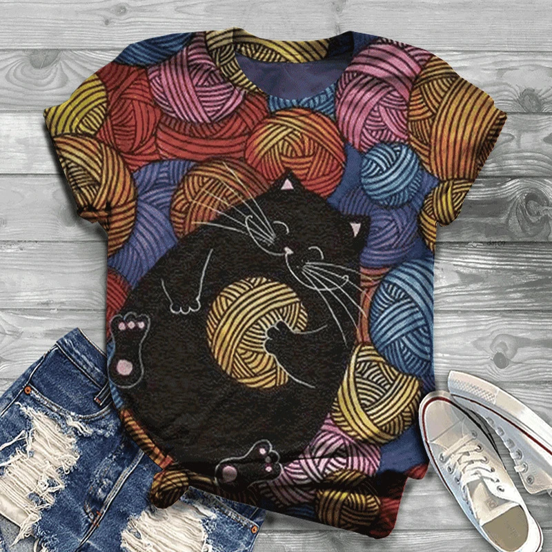

New Ladies Cute Cat Harajuku 3D Print Clothing Summer Ladies O Neck Short Sleeve Cute Animal Fashion Clothes Designer T Shirts