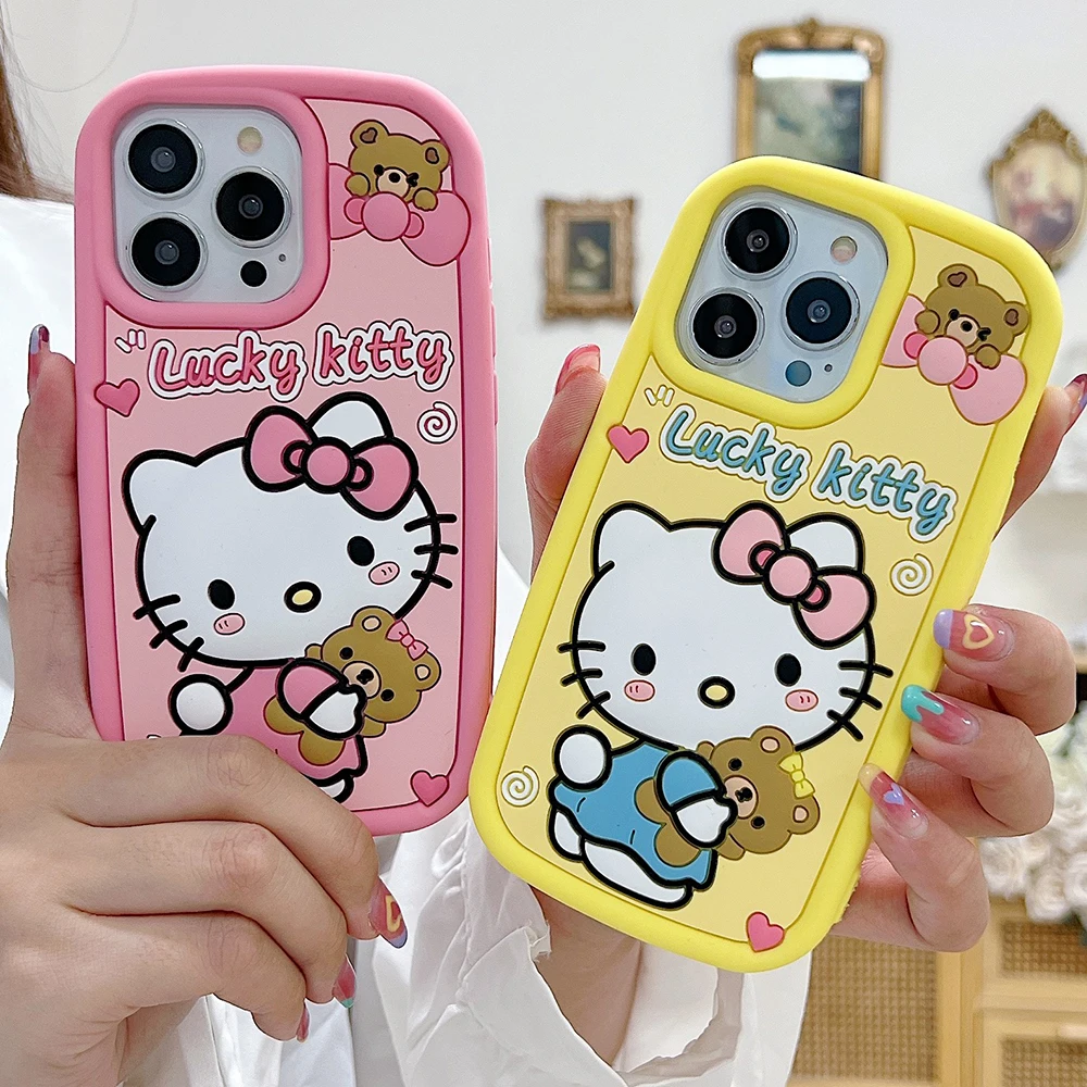 

Sanrio Hello Kitty 3D Stereoscopic With Bracelet Phone Case for IPhone 14 13 12 11 Pro Max Plus Silicone Soft Back Cover Gift