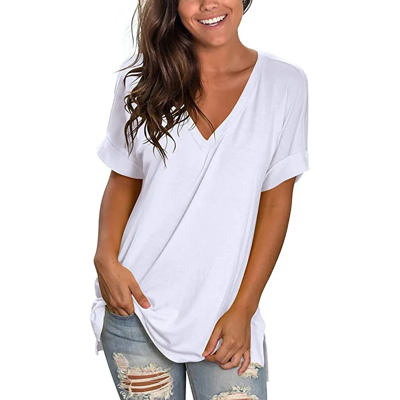 

Amazon summer 2023 new style explosive V-neck solid color short-sleeved blouse loose womens t-shirt black