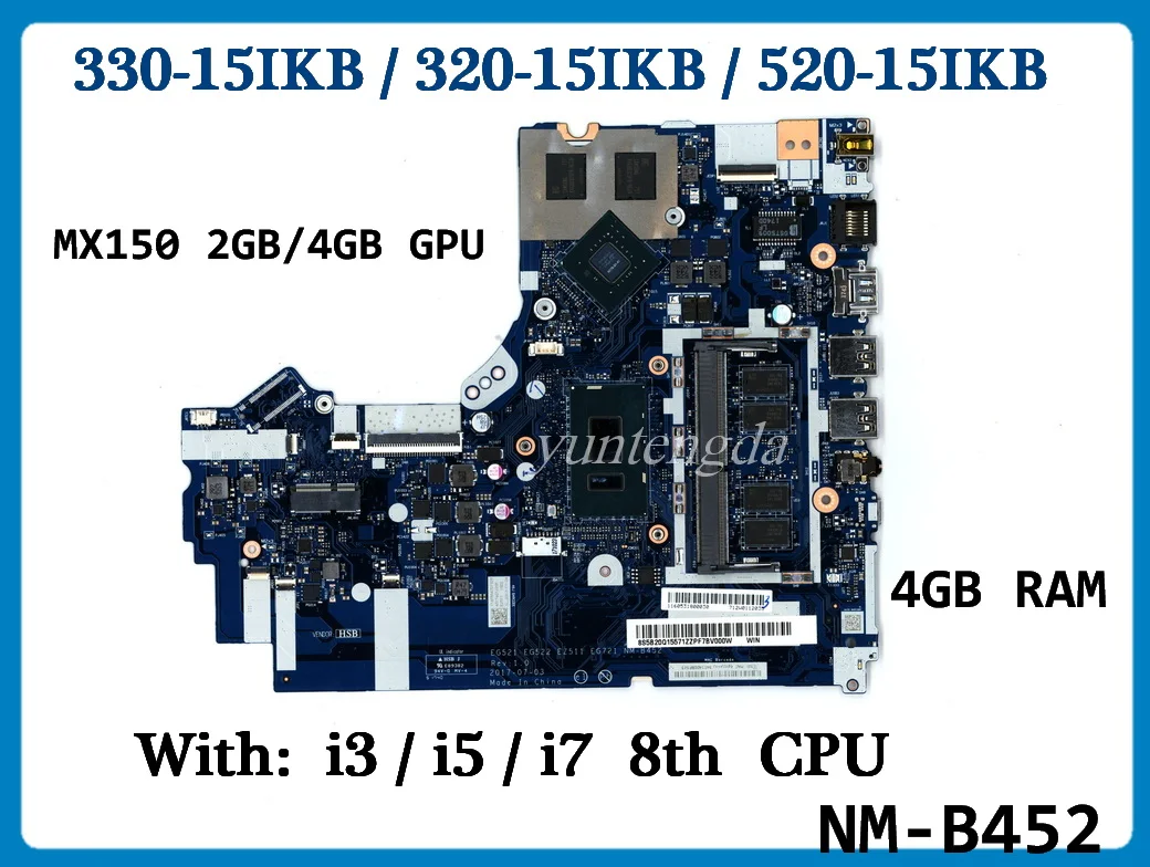 

NM-B452 For Lenovo Ideapad 330-15IKB 320-15IKB 520-15IKB Laptop Motherboard With I3 I5 I7 8th CPU MX150 2BG GPU 4GB RAM Tested