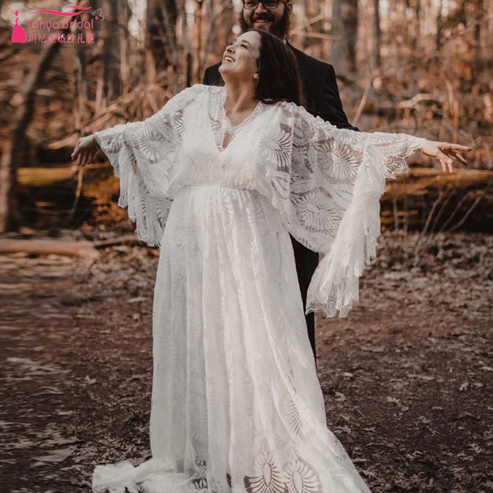 

Long Flare Sleeve Lace A Line Wedding Dresses V-Neck Backless Free-Spirited Bridal Gowns Beach Dress ZW684