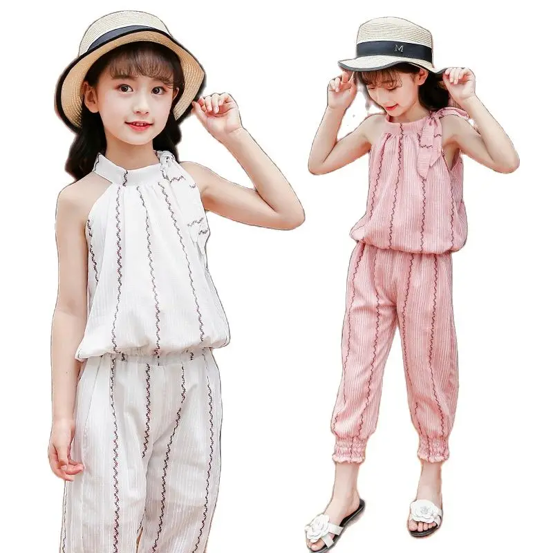 

Girls Clothes Set Fashion Summer Kids Halter Vertical Striped Shirt + Pants 2-Piece Set Baby Brand Off-the-shoulder T-shirt Top