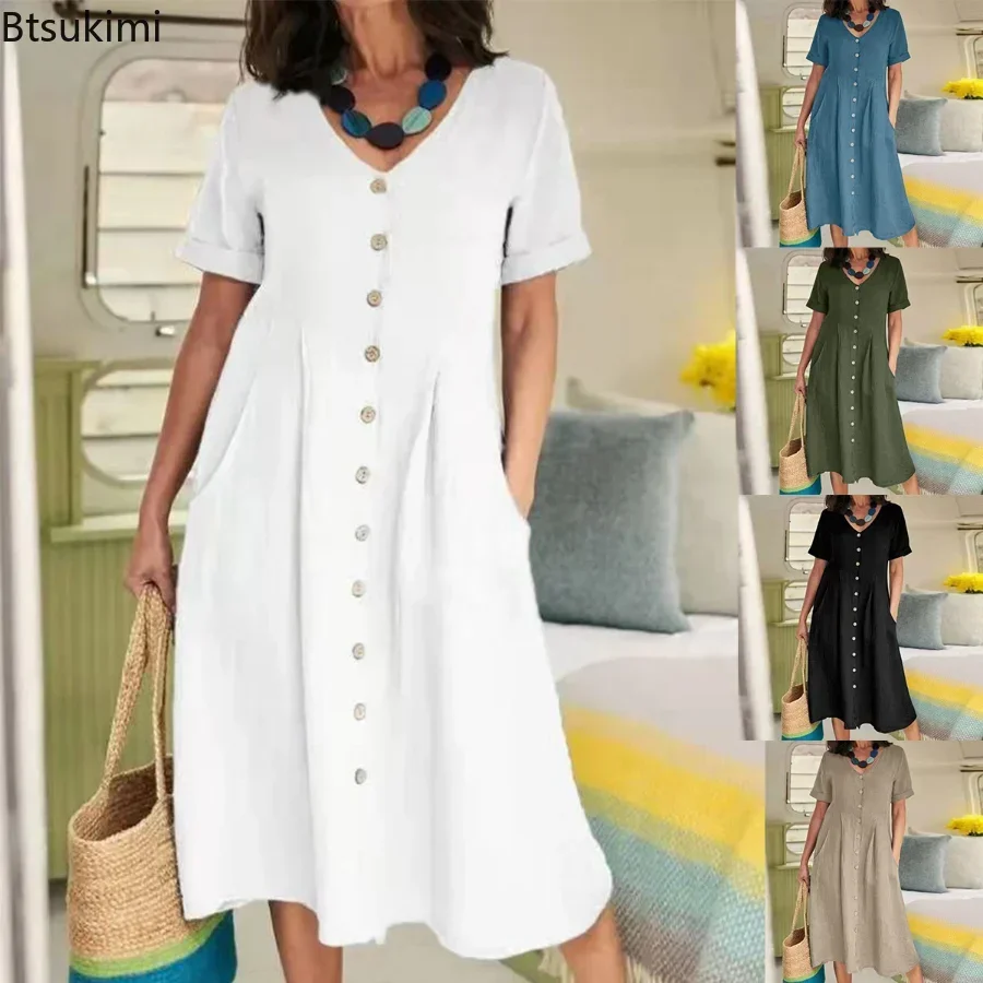 Женское повседневное хлопково-льняное платье большого размера | AliExpress