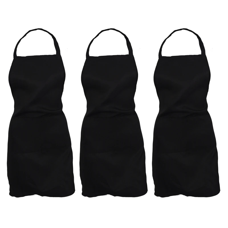 

3X Plain Apron with Front Pocket Kitchen Cooking Craft Baking Black