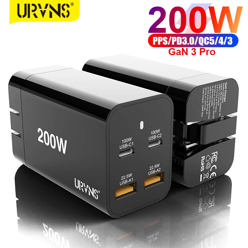 Сетевое зарядное устройство URVNS GaN 200 Вт USB C 4 порта PD 100 PPS 65 45 QC5 Сверхбыстрая