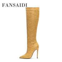 fansaidi fashion clear heels brown yellow knee high boots consice winter sexy new stilettos heels 40 41 42 43 44 45