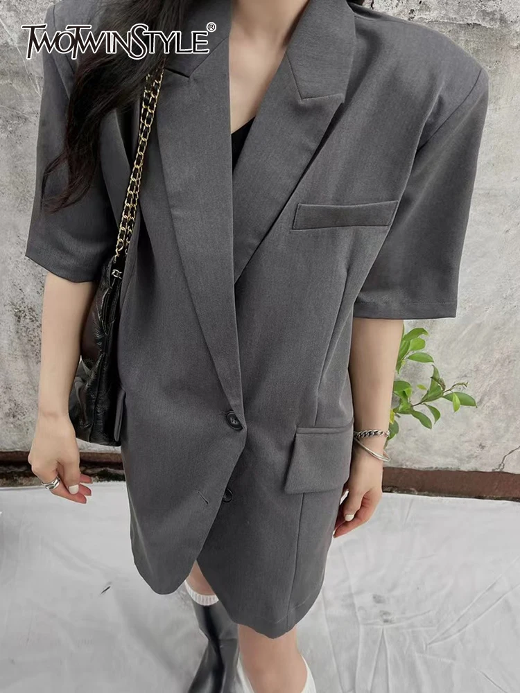 

TWOTWINSTYLE Patchwork Button Blazers For Women Notched Collar Short Sleeve Loose Casual Solid Minimalist Blazer Female Fashion