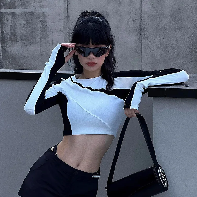 

European And American Fashion Women Motorcycle Style Black-and-white Color Matching Short Long-sleeved T-shirt Spice Girl