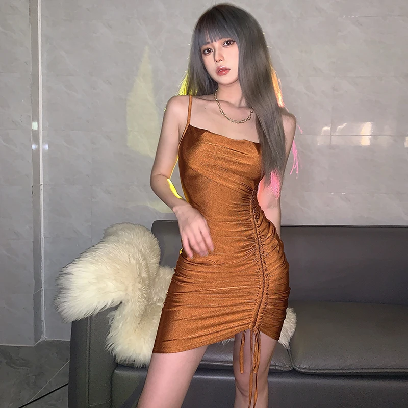 

European And American-StyleinsFashion Swing Collar Bandeau Sling Dress2022Spring New Hot Girl Drawstring Bag Hip Skirt -
