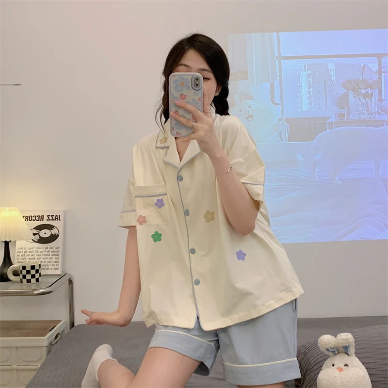 Summer Sleepwear Girl Pajamas Set Sweet Flower Women Pijamas Cotton Lapel Loungewear Lady's Pajama