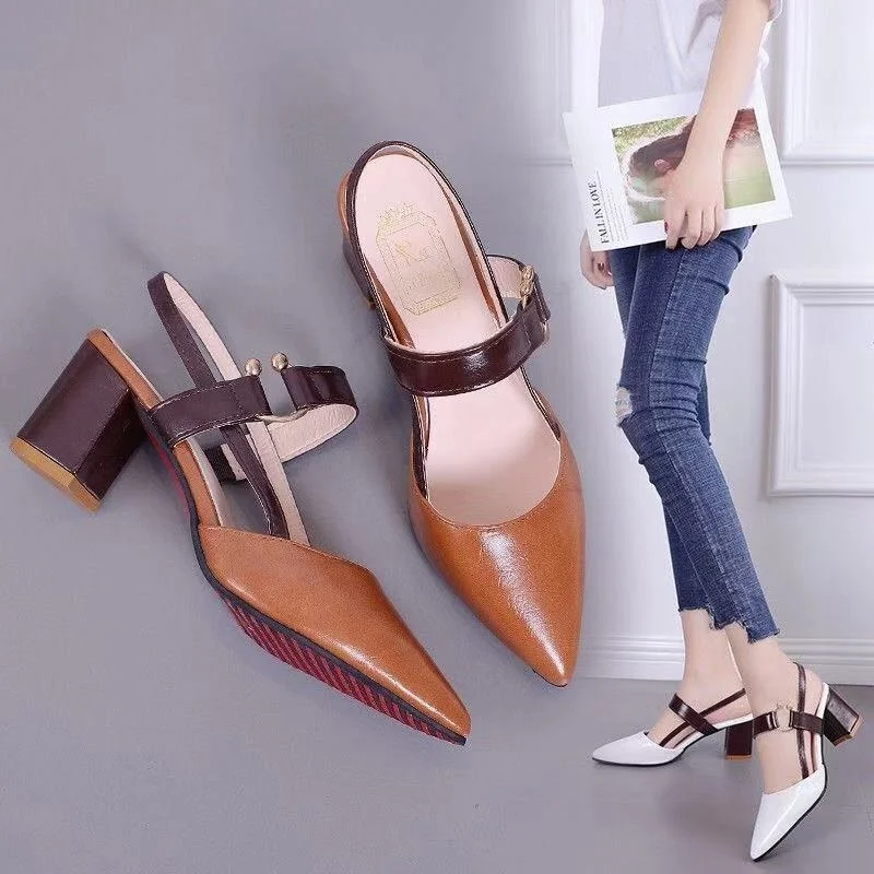

34-Large Women's Shoes Pointed Thick Heel Sandals Slotted Buckle High Heels Extra Large Women Sandals