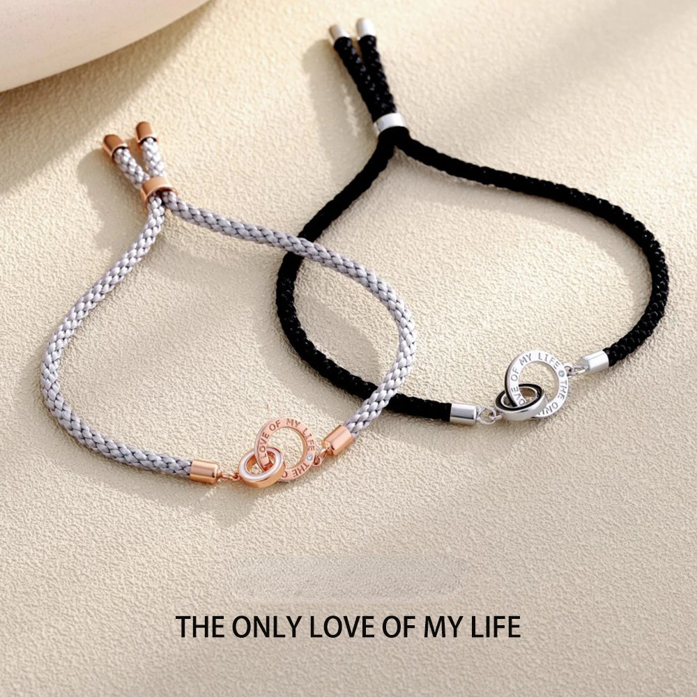 

925 Sterling Silver Couple Bracelet Double Ring Lettering Silver Snake Bone Black and White Braided Chain Jewelry Gift Wholesale