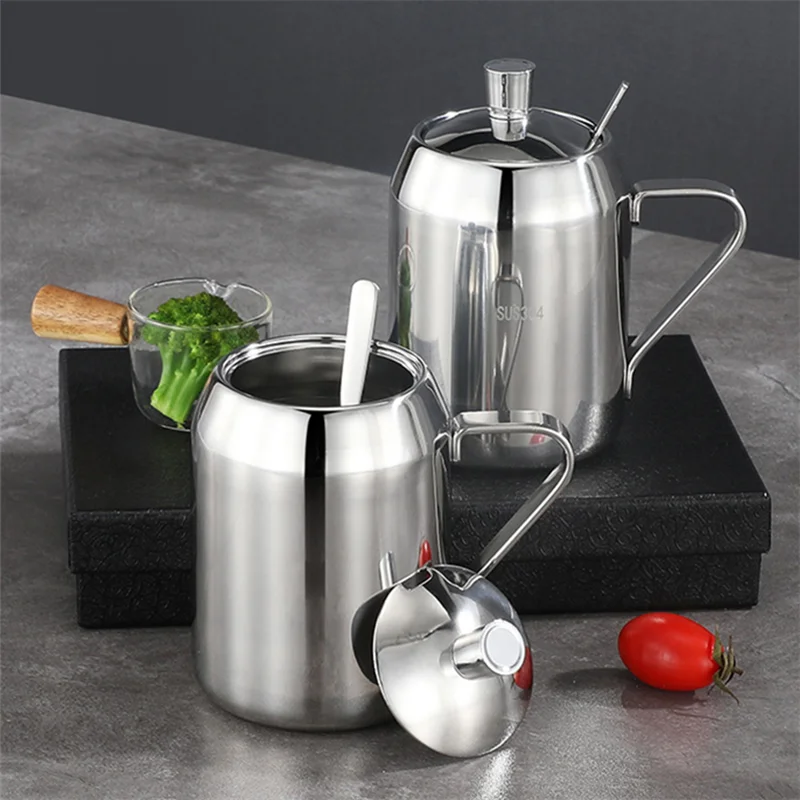 

Баночка для приправ из нержавеющей стали, шейкер для сахарной чаши, соли, перца, с крышкой для ложки, кухонное приспособление