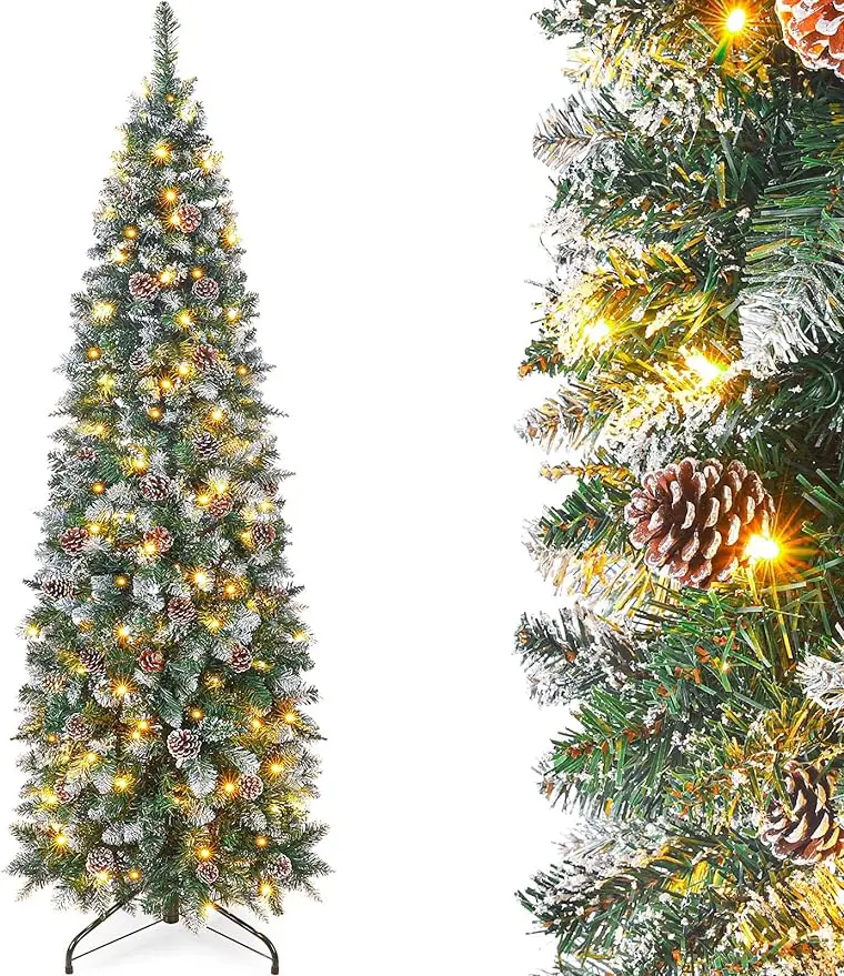 

5-foot pre lit artificial Christmas tree with 140 warm white lights decorated with flocked cedar cones for festive occasions