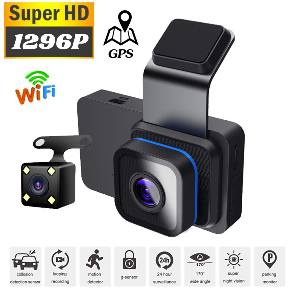 

1296P HD Driving Video Recorder WiFi GPS Car DVR Dash Cam Night Vision Dual Lens Front and Rear Dual Recording Auto Black Box