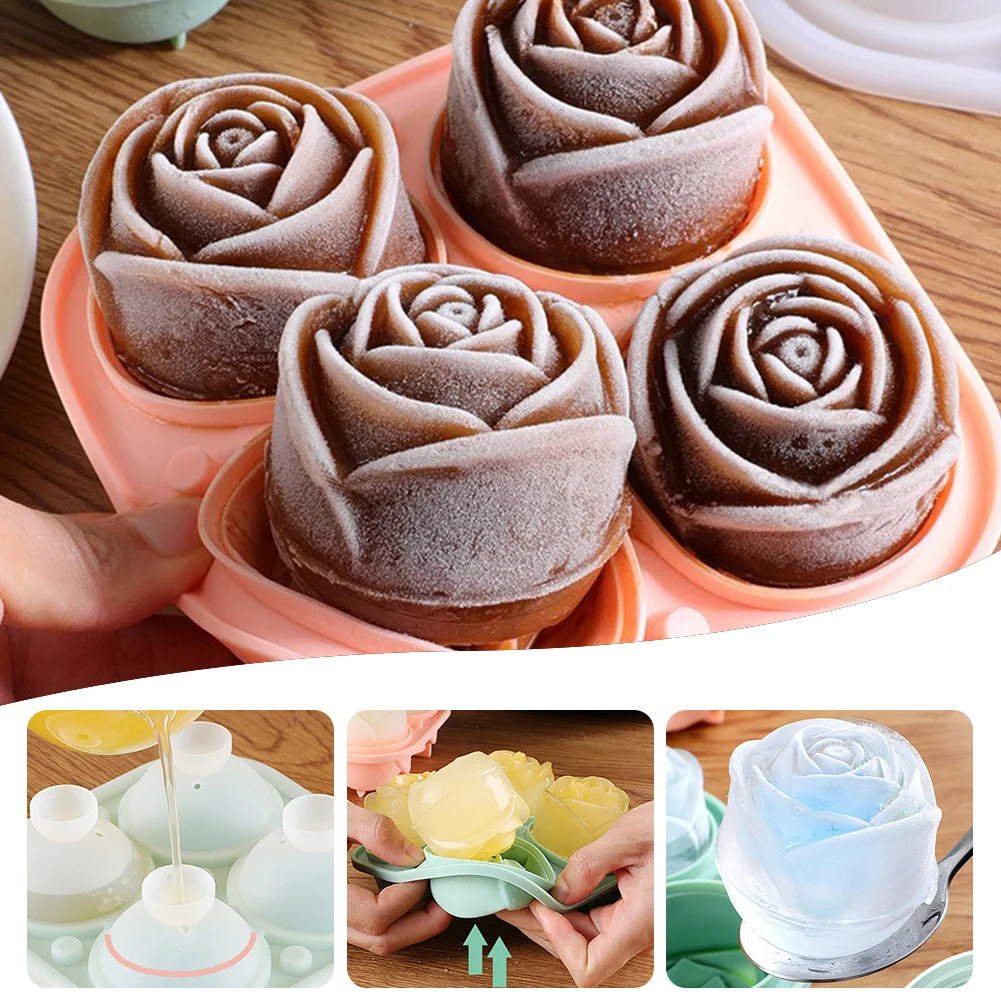 

4 Grids Silicone Ice Mold Rose Ice Cube Tray With Lids Reusable Ice Ball Maker DIY Whiskey Ice Hockey Coffee Juice Cake Decor