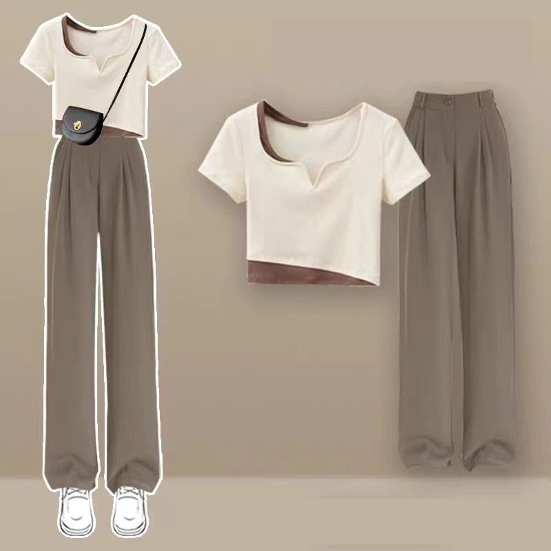 

Women's Sports Suit Two Piece Set Summer New Skinny Fashion Casual Wear Short Sleeve O-collar Top And Wide-leg Pants Outfit A527