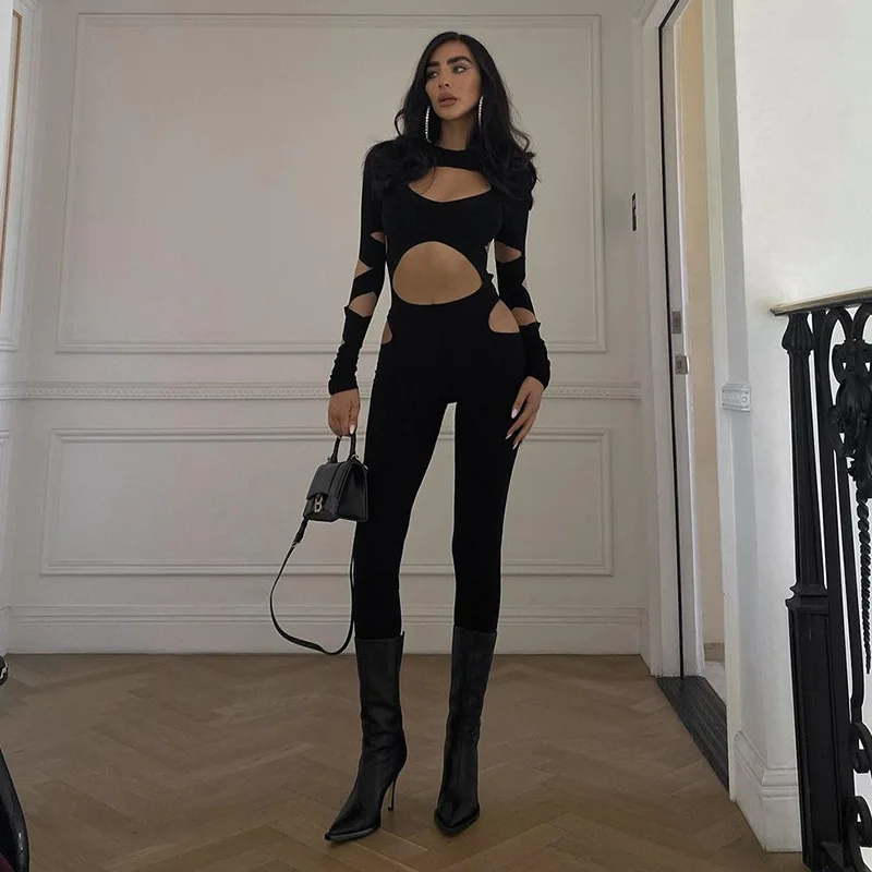 

Sexy Women Bodycon Jumpsuit Solid Color Overalls Long Sleeves Rompers Bodysuits High Neck Hollow Out Buckle Biker Short Clubwear