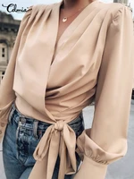 women casual lantern sleeve blouses 2022 fashion v neck short wrap shirts celmia elegant bandage pleated street tops femininas