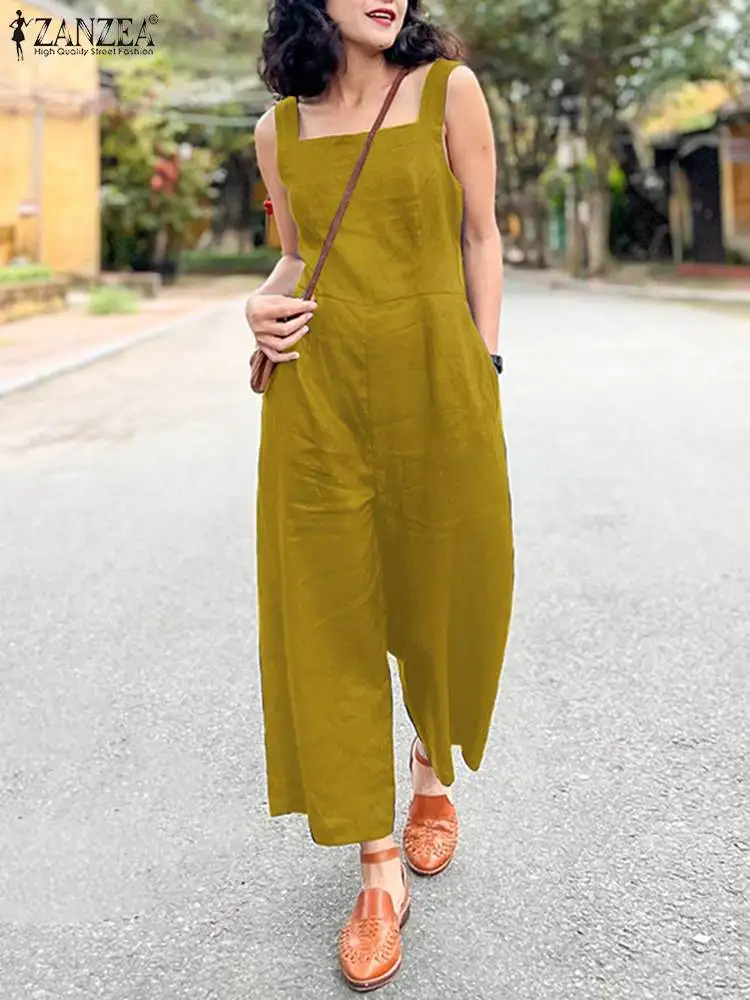 

ZANZEA Summer Woman Vintage Jumpsuit Square Collar Sleeveless Solid Straps Playsuits Elegant Casual Fashion Wide Leg Pant Romper