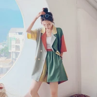 hong kong style shorts set women chic color contrast two piece short sleeve blazer set elastic waist loose clothes