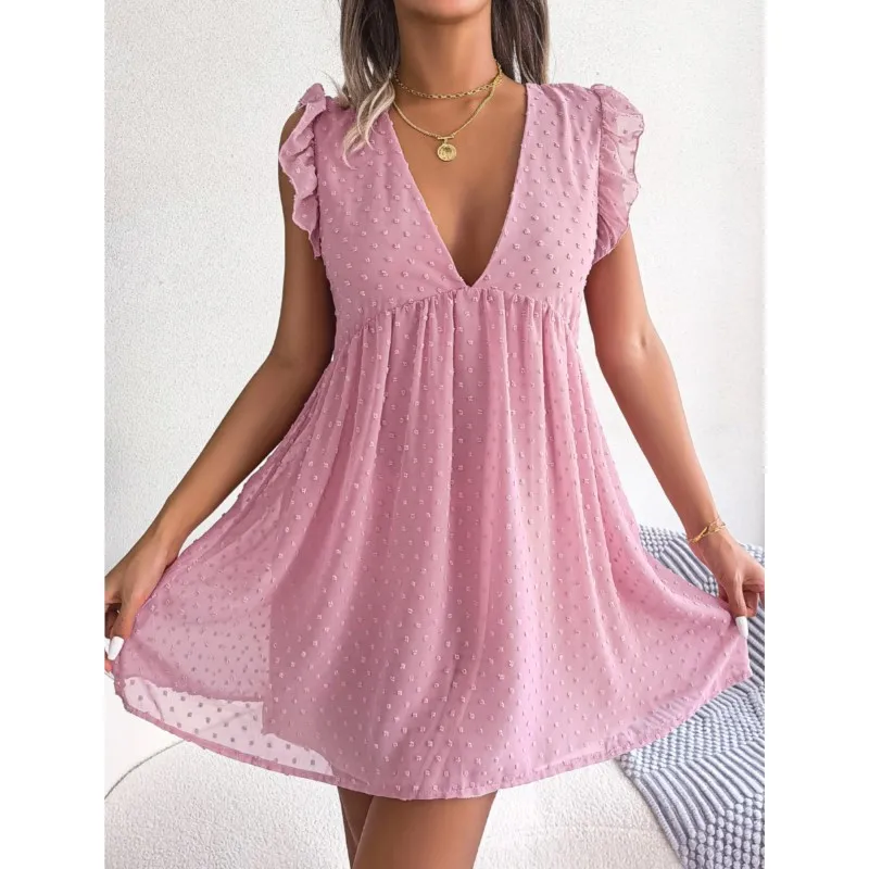 

Женское жаккардовое платье-трапеция, повседневное свободное платье в горошек с оборками на деревянных краях, V-образным вырезом и коротким рукавом, с завышенной талией, весна-лето