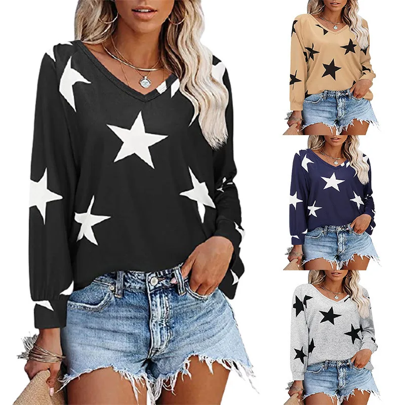 Lady Autumn And Winter Five Pointed Star Printed V-Neck Long Sleeve T-Shirt Women'S Fashion Casual Versatile Top
