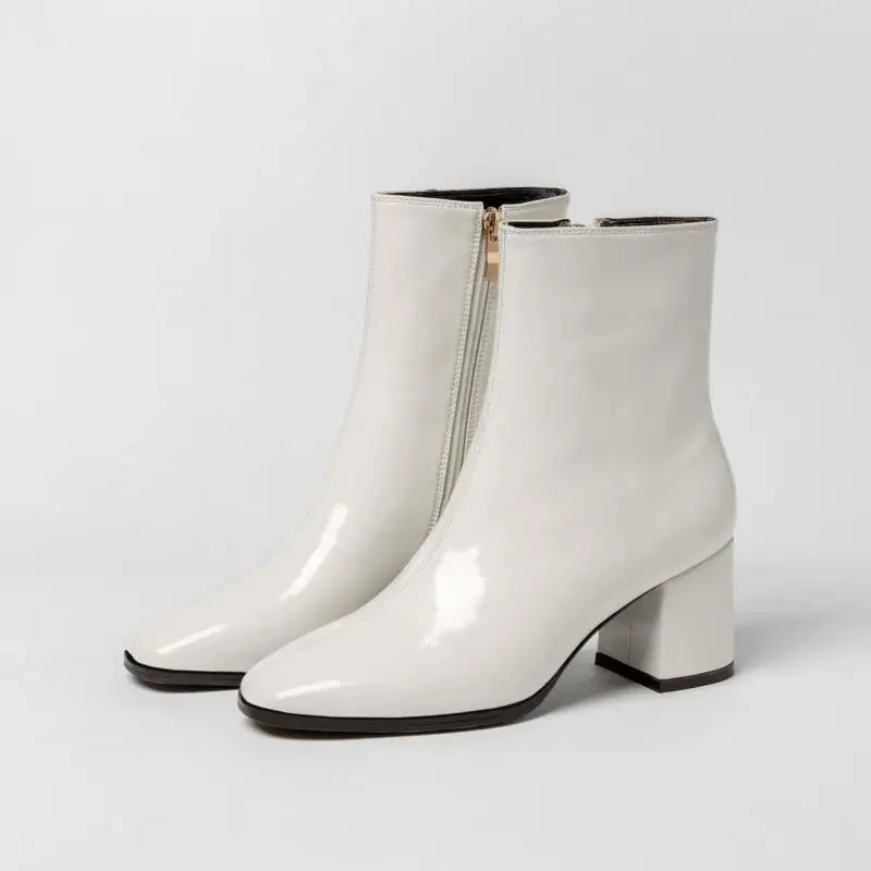 

Женские лакированные кожаные ботинки на высоком каблуке, новинка 2021, женская обувь, Осень-зима, модные женские ботильоны с квадратным носко...