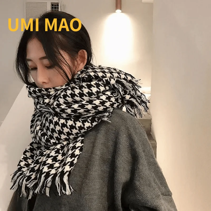 

Шарф в клетку UMI MAO тысячи птиц корейский Зимний женский двусторонний кашемировый черный белый большой шаль сохраняет тепло длинный двойног...