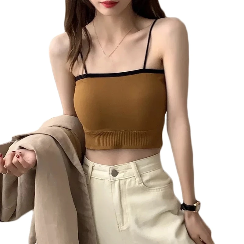 

Women Spaghetti Strap Crop Tube Top Padded Colorblock Slim Sport Camisole Vest