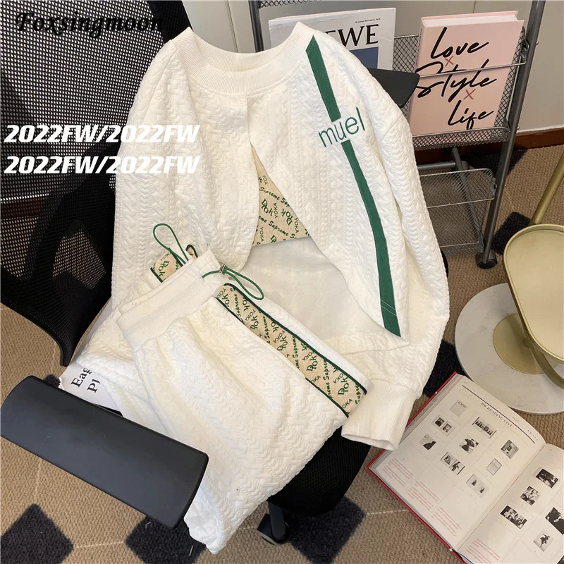 

Autumn Women White Tracksuit 2022 Fashion Long Sleeve Pullover Sweatshirt+Camisole+Pants Suits Female Loose Three Piece Sets
