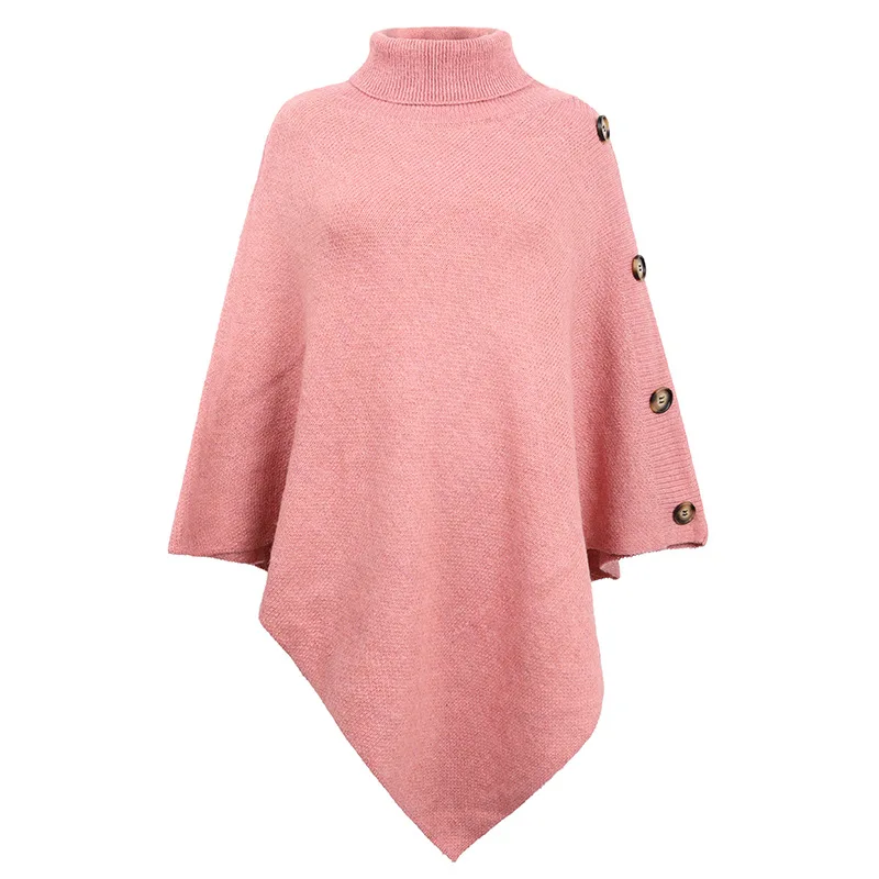 Fashion Autumn Winter Button Poncho Women Sweater Oversized Turtleneck Jumper Knitwear Holiday Vintage Cape  Sleeve Pink Cloak