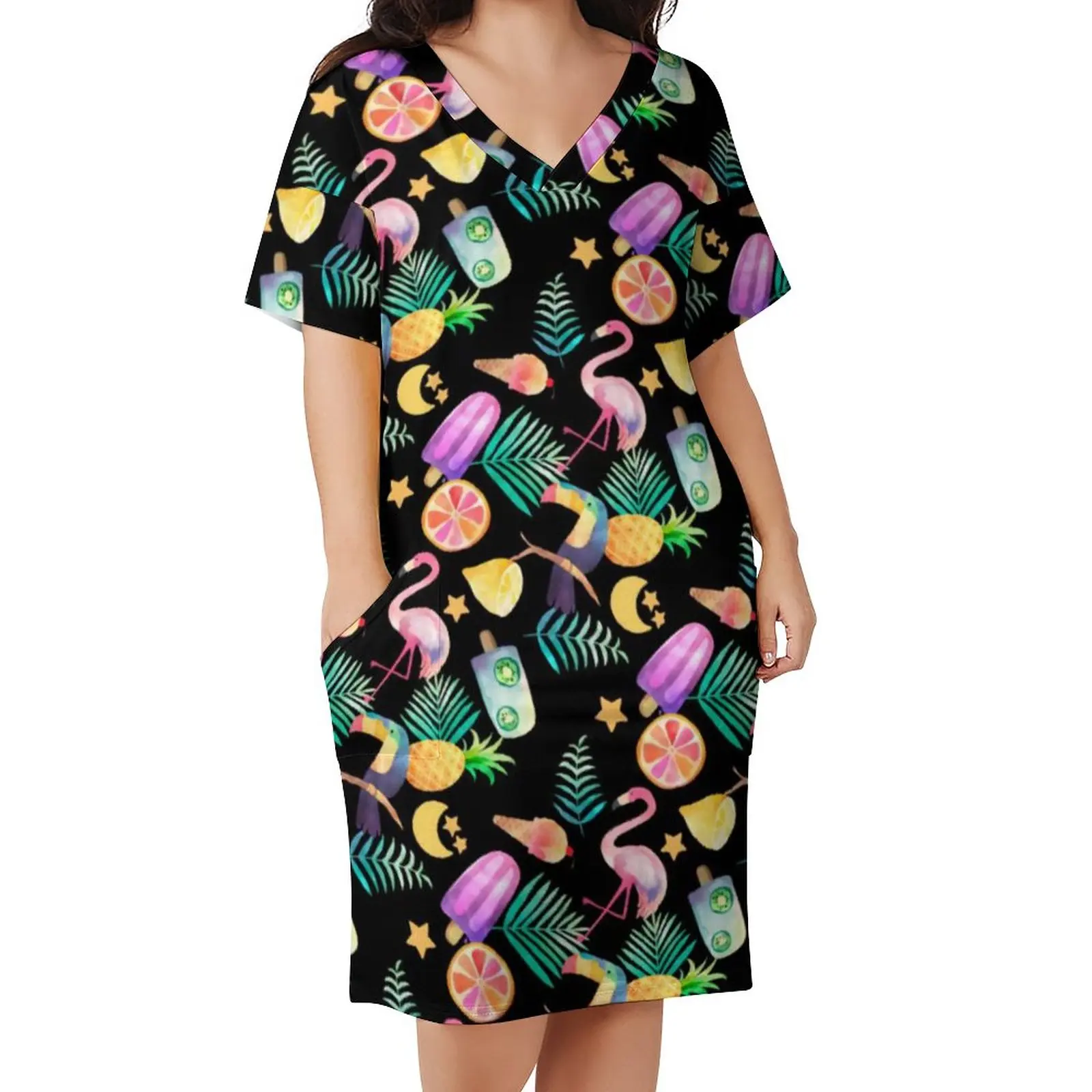 

Pink Flamingo Print Casual Dress Summer Colorful Fun Tropical Sexy Dresses Female V Neck Graphic Aesthetic Dress Big Size