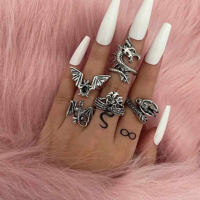

5pc/set Women Gothic Finger Ring Set Vintage Hip Hop Punk Dragon Snake Butterfly Bat Skull Retro Knuckle Joint Rings Jewelry New