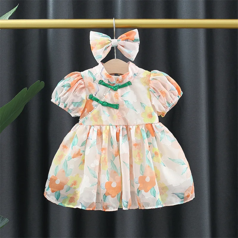 

Летний летний детский халат в китайском стиле для девочек, улучшенный женский халат с цветочным рисунком + головной убор с бантом, Детские н...