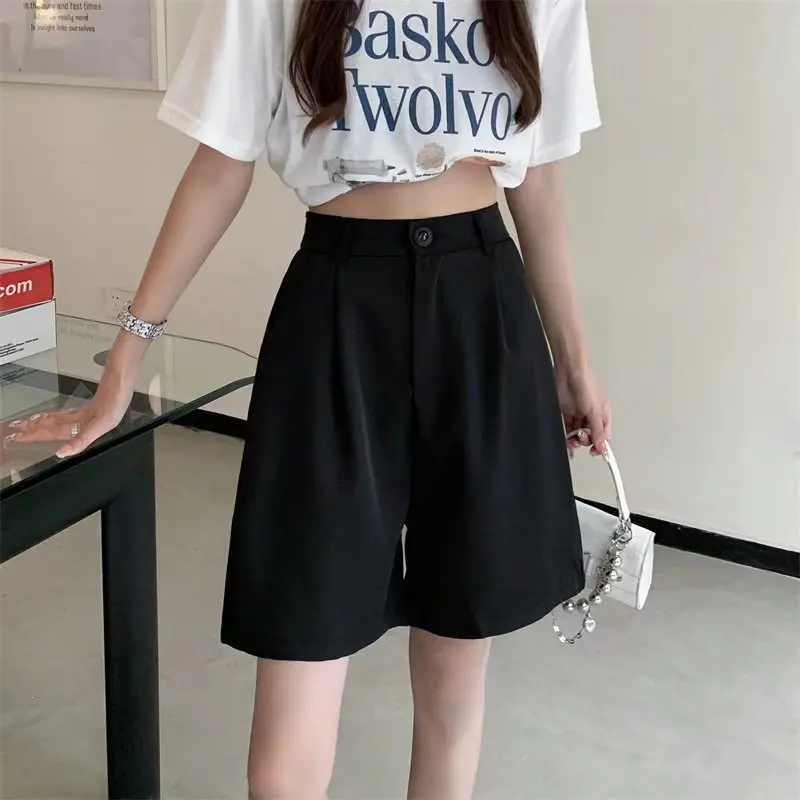 High Waisted Wide Leg Suits Shorts Womens Summer Office Lady Casual Loose Shorts for Women Solid Black Knee Length Baggy Shorts