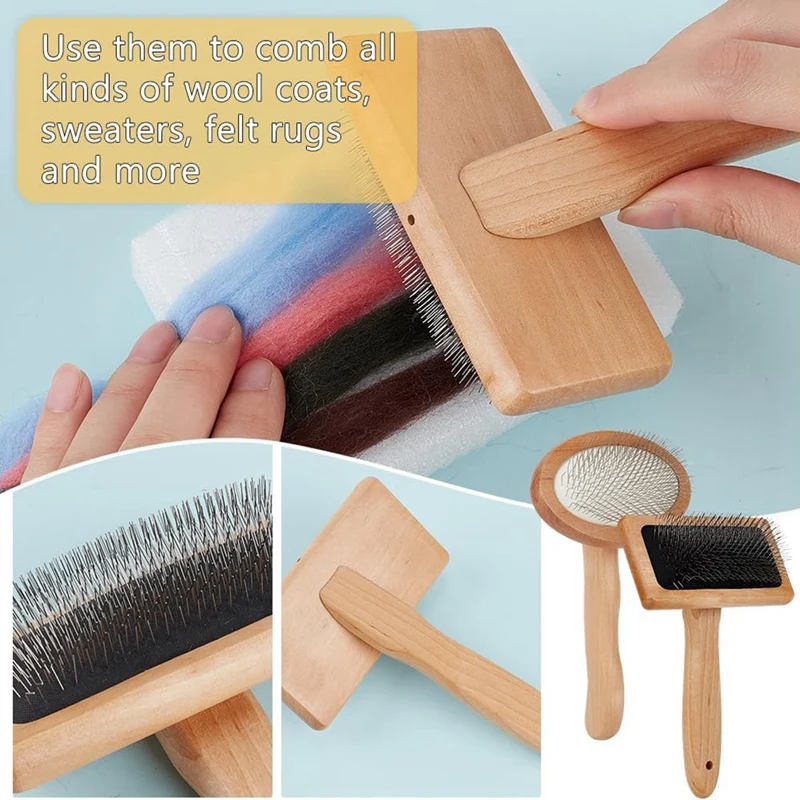 4Pcs Wooden Wool Carder Slicker Brush Wood Spinning-Tool Felting Tool Kit With 12Pcs Craft Needle For Yarn Blending