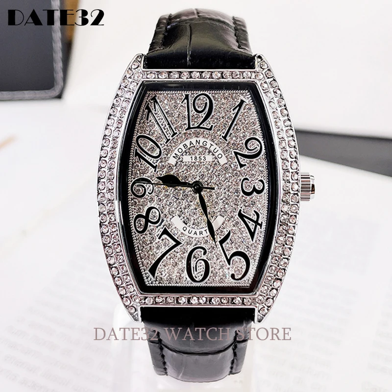 

Luxury Diamond Women Watches Roman Numerals Dial Quartz Watches Female Iced Out Rhinestone Bezel Inlay Clock Tonneau Wristwatch