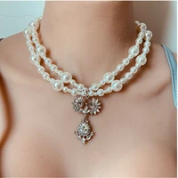 new diamond crystal pendant choker necklaces fashion multi layer pearl jewelry geometric charms flower necklace female women