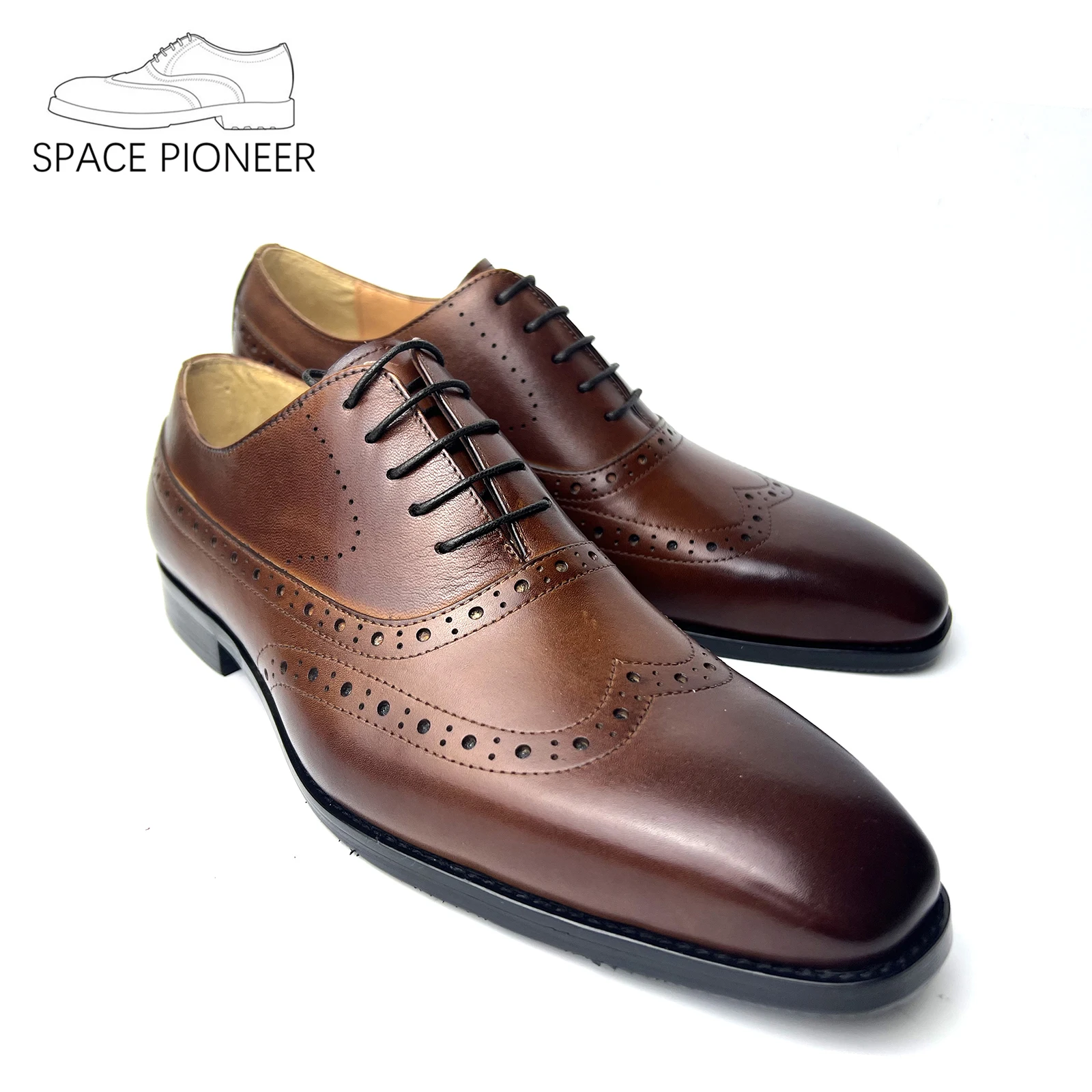 Size 38 To 47 Mens Oxford Shoes Wingtip Genuine Calf Leather Luxury Brand Lace Up Business Office Brogue Dress Shoes for Men