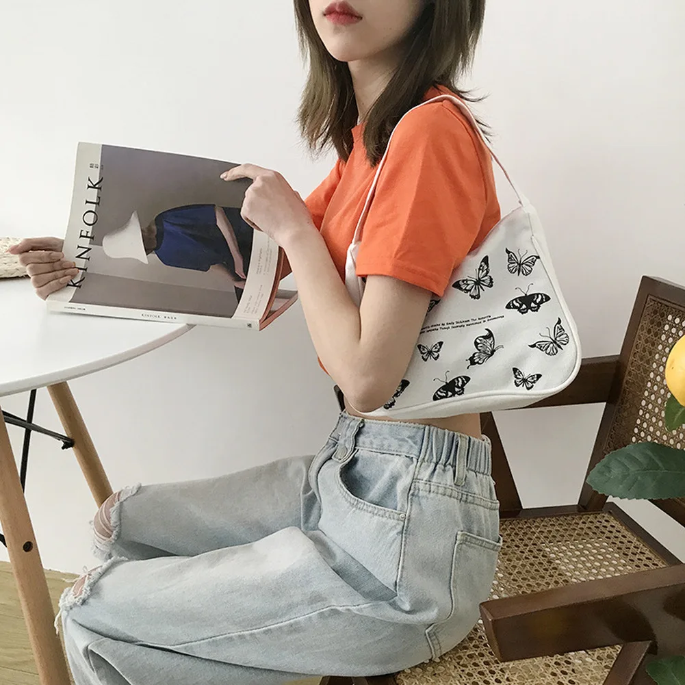 Spring Women Small Handbag Butterfly Print Canvas Tote Ladies' Fashion Underarm Bag Zipper Half Moon Bags Cotton Cloth Purse | Багаж и